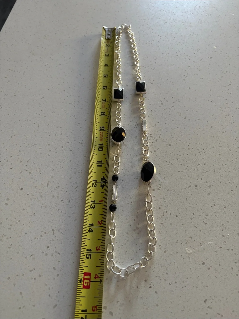 George Silver Chain Necklace with Black Faceted Stones